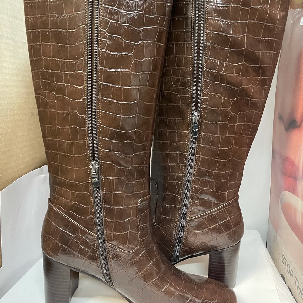 Marc Fisher Brown Croc-Embossed Heeled Boots